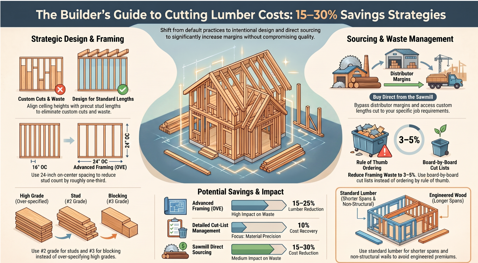 The Builder's Guide to Cutting Lumber Costs: 15-30% Savings Strategies infographic
